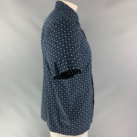 A.P.C. Size XL Navy Blue Geometric Button Down Cotton & Silk Short Sleeve Shirt