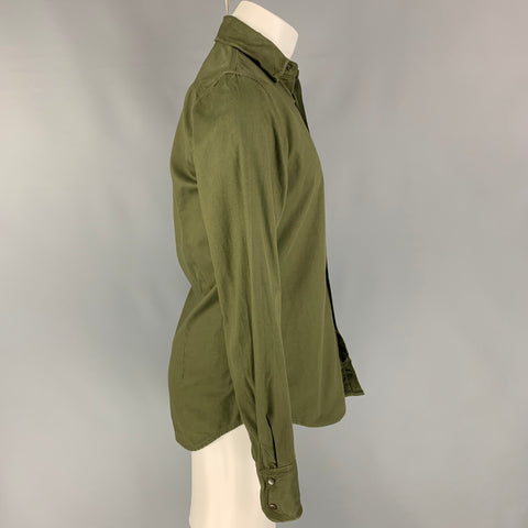 DSQUARED2 Size S Olive Stitched Cotton Wire Trim Button Up Long Sleeve Shirt