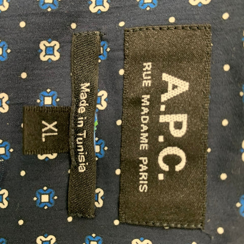 A.P.C. Size XL Navy Blue Geometric Button Down Cotton & Silk Short Sleeve Shirt