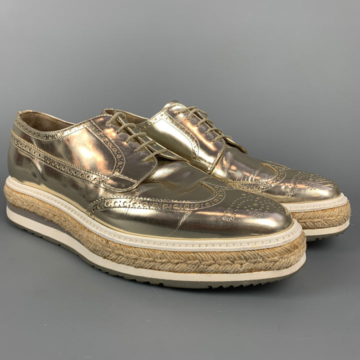 PRADA Size 10 Gold Metallic Leather Platform Lace Up Shoes