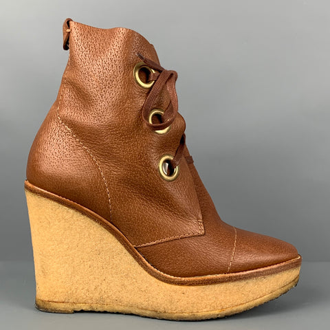 YVES SAINT LAURENT Botas con cuña de cuero beige coñac talla 7