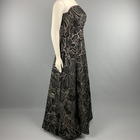 RUBIN SINGER Size 14 Black & Gold Floral Wool Blend Strapless Bustier Evening Gown