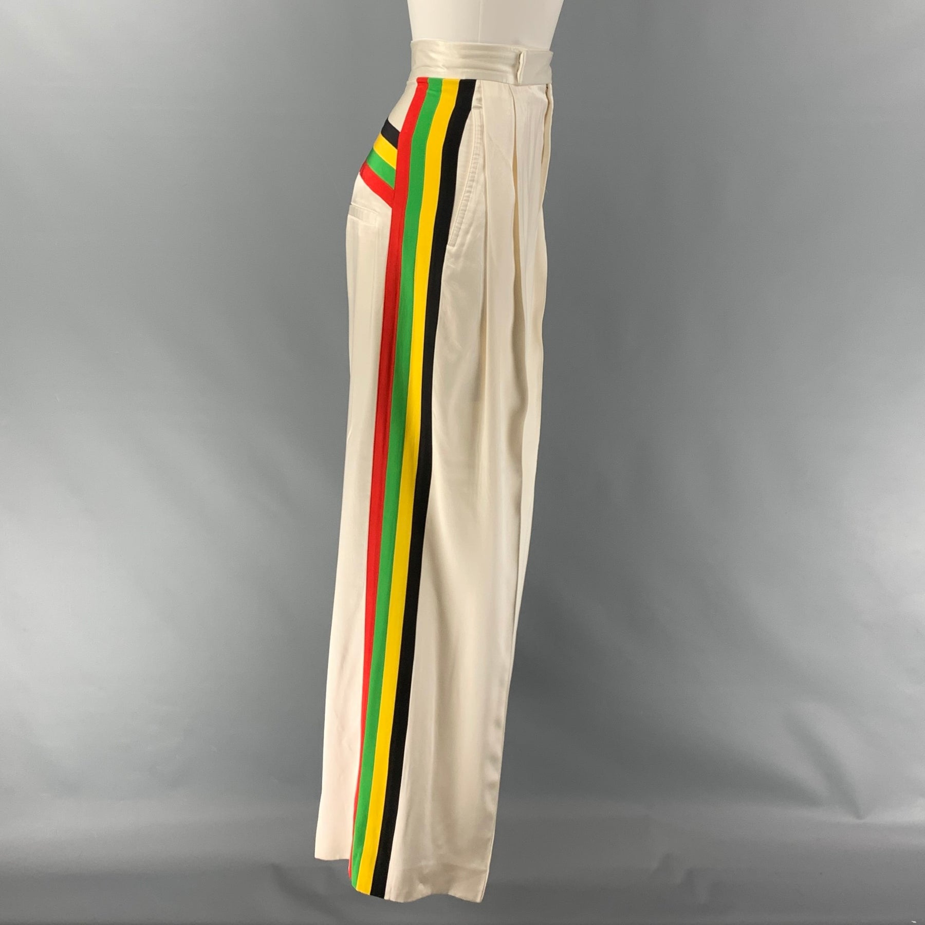 CELINE Size 2 Cream Multi-Color Silk Stripe Wide Leg Dress