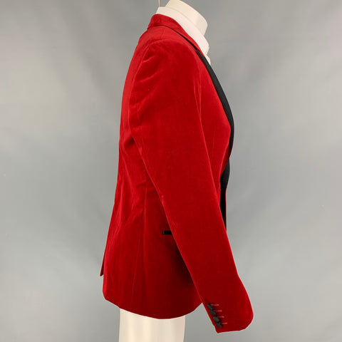 LANVIN Size 40 Regular Red Black Velvet Cotton Peak Lapel Sport Coat