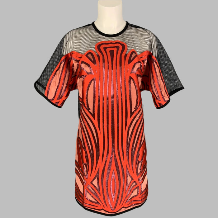 GUCCI 2014 Size 4 Black Orange Silk Blend Applique Short Sleeve Dress Top