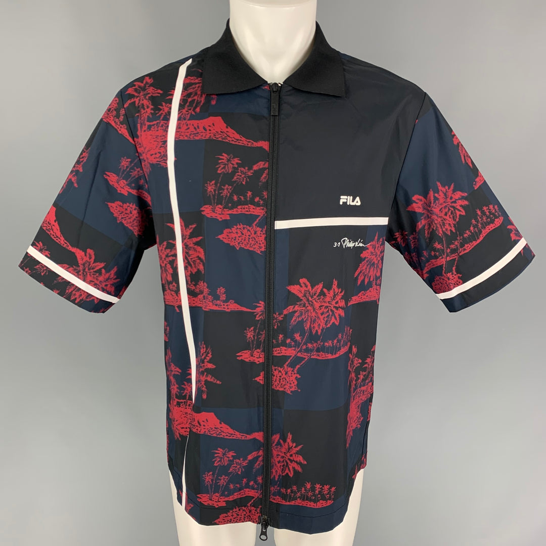 3.1 PHILLIP LIM x FILA Size L Navy Red Print Full Zip Short Sleeve Shirt