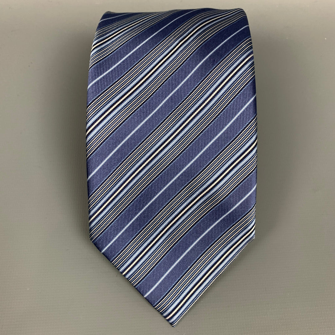 BRIONI Cravate en soie à rayures bleu clair et crème