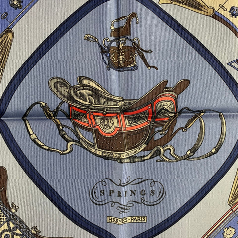 HERMES Springs  Blue Light Blue Equestrian Silk Twill Pocket Square