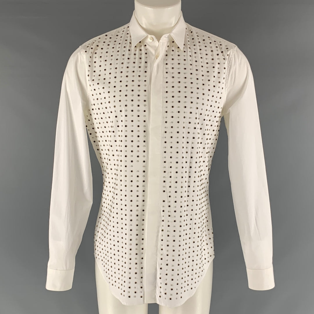 ROBERTO CAVALLI Size M White Studded Cotton Elastane Long Sleeve Shirt