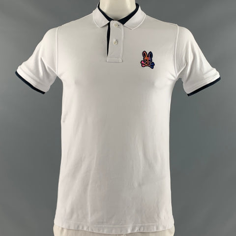 PSYCHO BUNNY Size L White Navy Embroidery Cotton Short Sleeve Polo