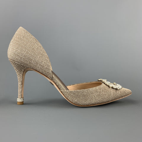 BADGLEY MISCHKA Tamaño 8 Plata Metálico Beige Tela Rhinestone Hebilla D'orsay Bombas
