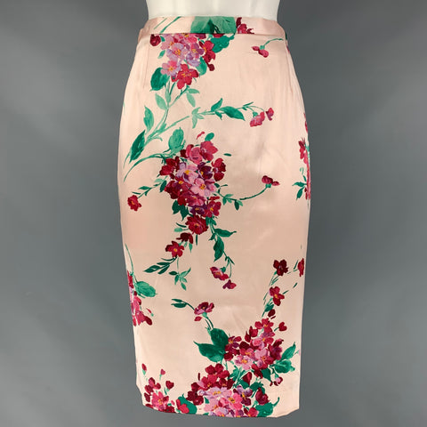 DOLCE & GABBANA Size 6 Blush &  Burgundy Silk and Spandex Floral Pencil Skirt