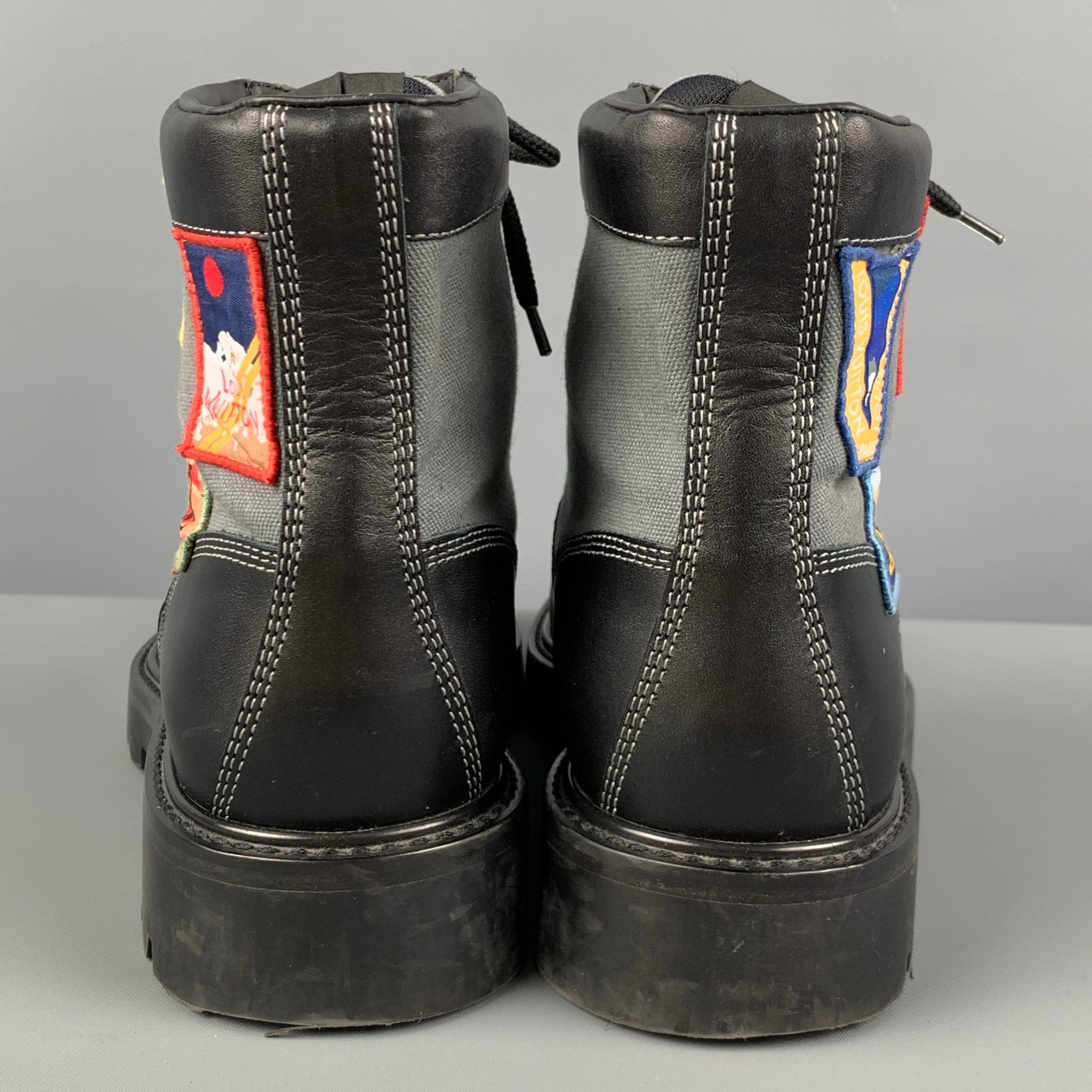 LOUIS VUITTON Size 6.5 Black Patches Leather Metropolis Ranger Boots Sui Generis Designer Consignment