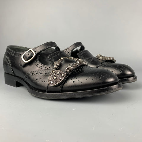 GUCCI Talla 9 Mocasines con hebilla de cabeza de tigre de cuero perforado negro