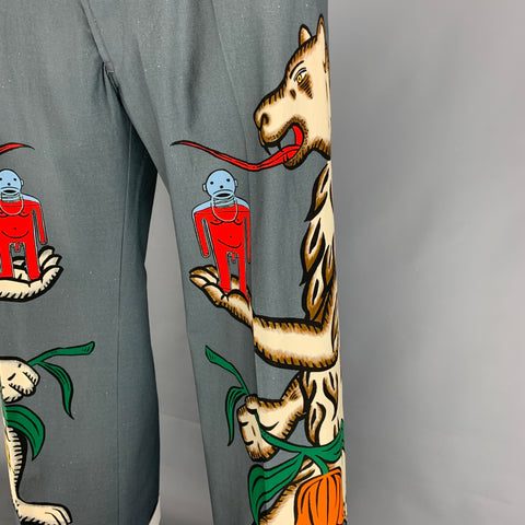 WALTER VAN BEIRENDONCK FW 17 Zwart Size 34 Grey Multi-Color Print Cotton Dress Pants
