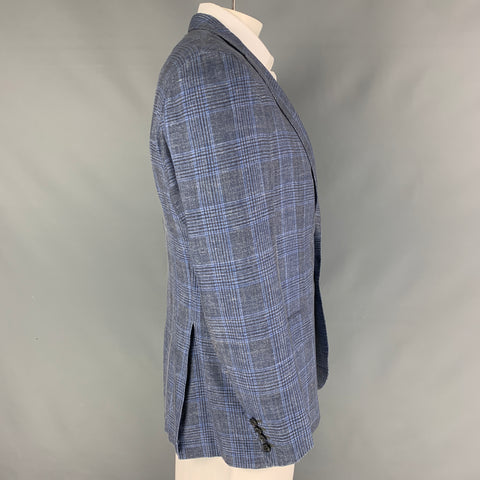 KITON Size 46 Grey Blue Plaid Cashmere Blend Notch Lapel Sport Coat