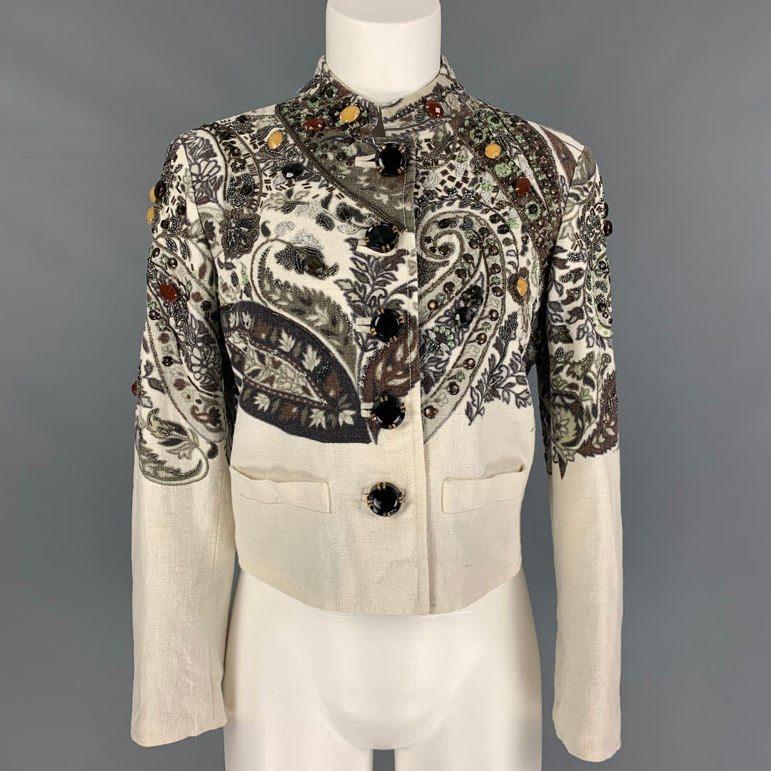 ETRO Size 8 Beige Multicolour Linen Blend Paisley Jacket