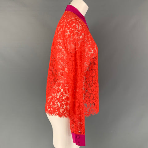 ROBERTO CAVALLI Talla 4 Camisa con botones en mezcla de algodón con encaje fucsia y naranja