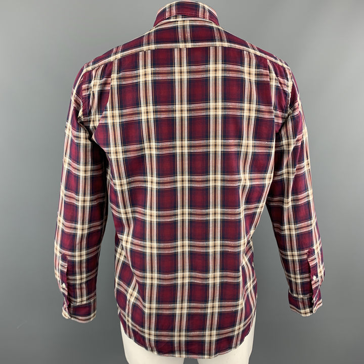 HARTFORD Size XL Burgundy & Brown Plaid Cotton Button Up Long Sleeve Shirt
