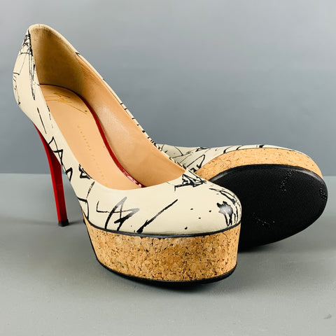 GIUSEPPE ZANOTTI Size 6 Cream Black Leather Marbled Platform Pumps
