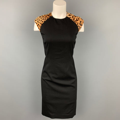 RALPH LAUREN Black Label Taille 2 Robe droite en laine vierge noire et beige en poils de veau