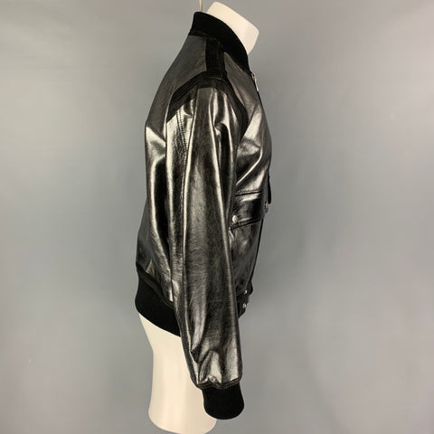 DIESEL Size L Gunmetal Black Coated Leather Zip Up Jacket