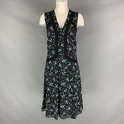 PRADA Size 8 Black Blue & Green Viscose Elastane Floral Sleeveless Dress
