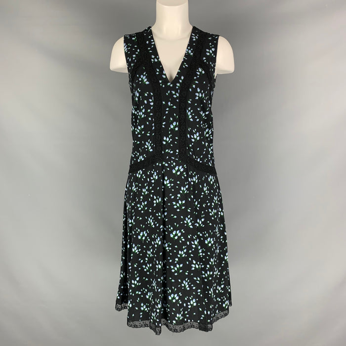 PRADA Size 8 Black Blue & Green Viscose Elastane Floral Sleeveless Dress