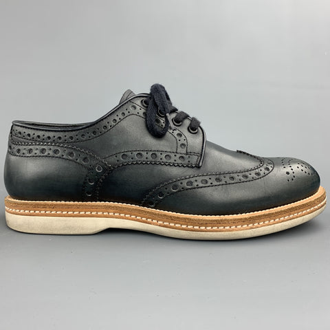 SANTONI Size 8 Navy Perforated Leather Wingtip Lace Up