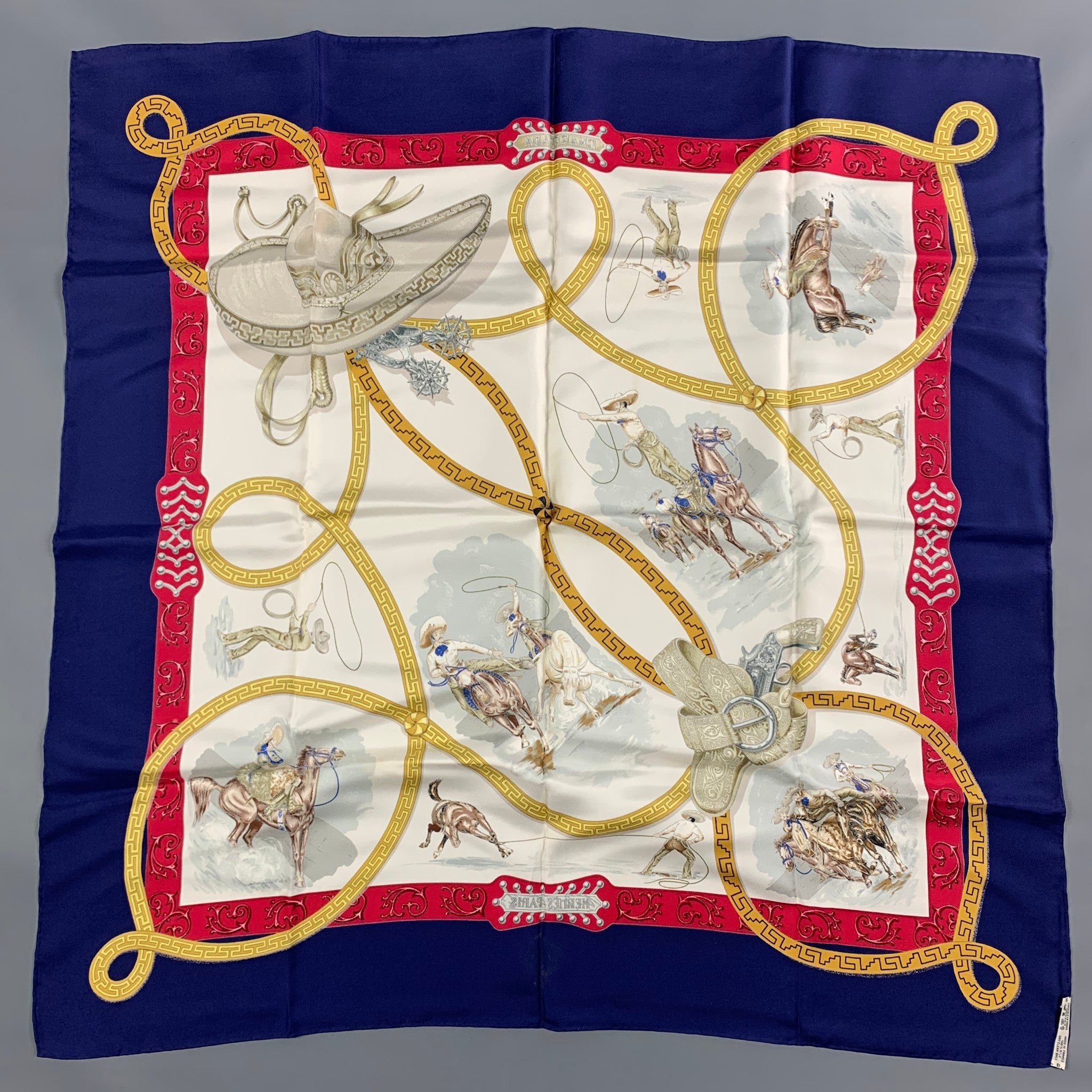 エルメス　スカーフ　CHARREADA HERMES Blue Red White Equestrian Silk Charreada Scarf – Sui