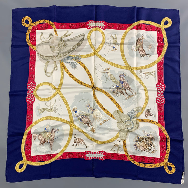 HERMES Blue Red White Equestrian Silk Charreada Scarf