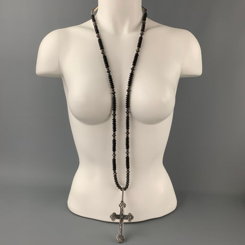 VINTAGE Silver & Black Beaded Large Cross Necklace