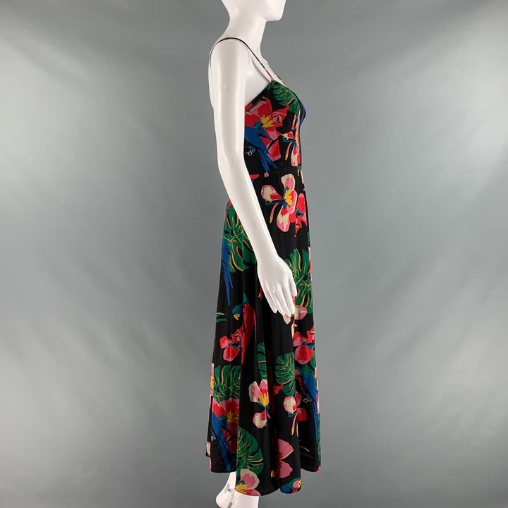 VALENTINO Size 2 Black Multi-Color Silk Floral Spaghetti Straps Mid-Calf Dress