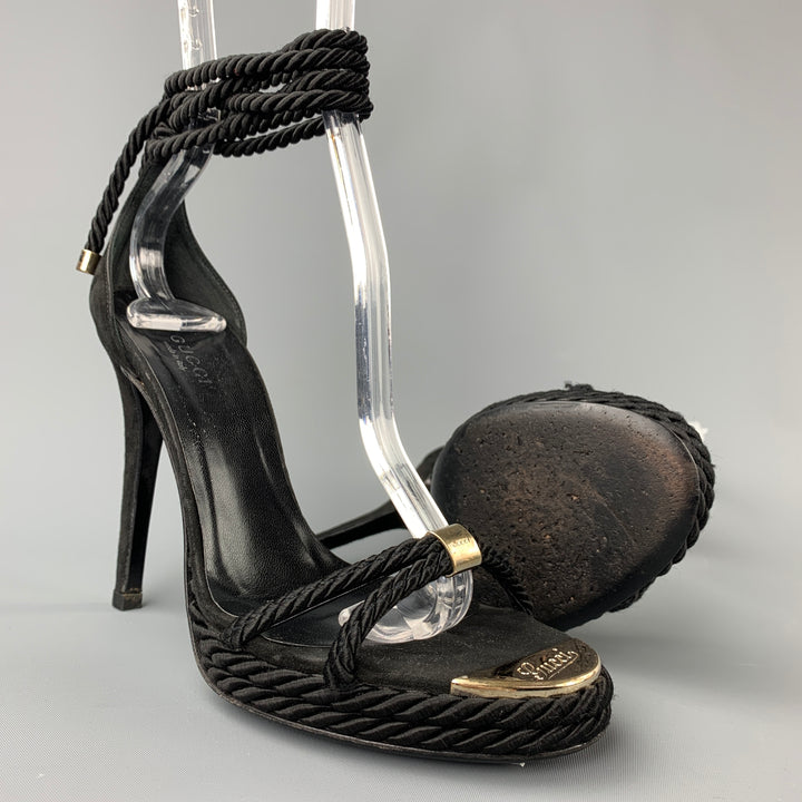 GUCCI Size 5.5 Black & Gold Suede Silk Cord Platfrom Sandals