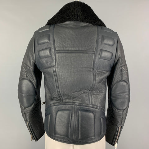 BURBERRY PRORSUM FW 2010 Size 38 Blue Black Lamb Leather Shearling Biker Jacket