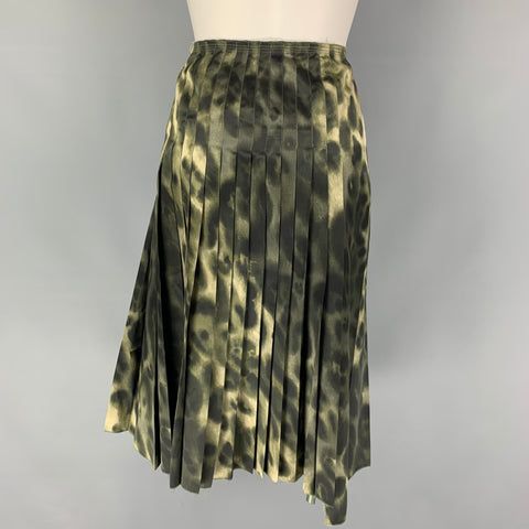 PRADA Size 8 Olive Black Silk Print A-Line Skirt