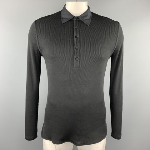 JOHN VARVATOS Size L Black Ribbed Cotton / Silk Ribbed Buttoned Long Sleeve Polo