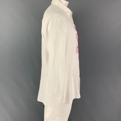 ETRO Size XL White Purple Floral Linen Button Down Long Sleeve Shirt