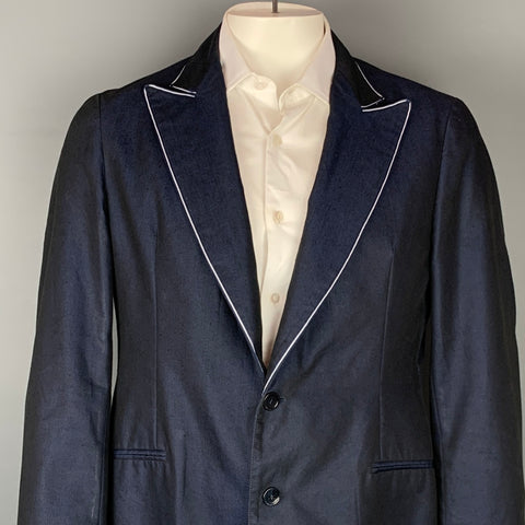 ARMANI COLLEZIONI Talla 42 Abrigo deportivo con solapa de pico en lino / poliéster azul marino y blanco