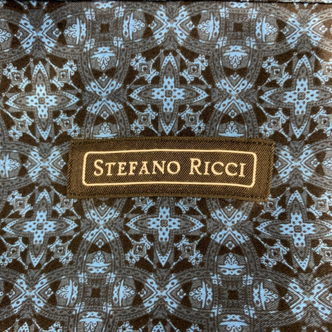 STEFANO RICCI Size XL Charcoal Blue Abstract Silk Long Sleeve Shirt
