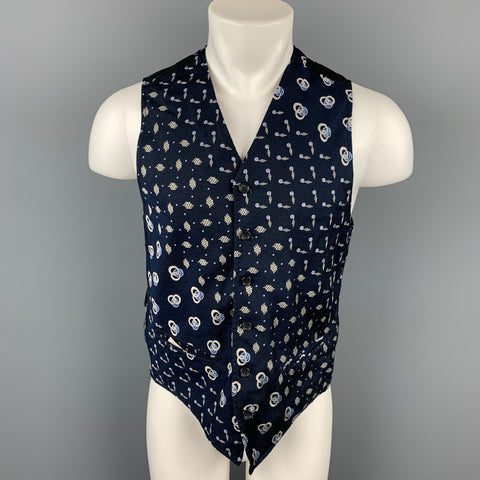 ENGINEERED GARMENTS Size L Navy & Cream Abstract Silk Back Belt Vest
