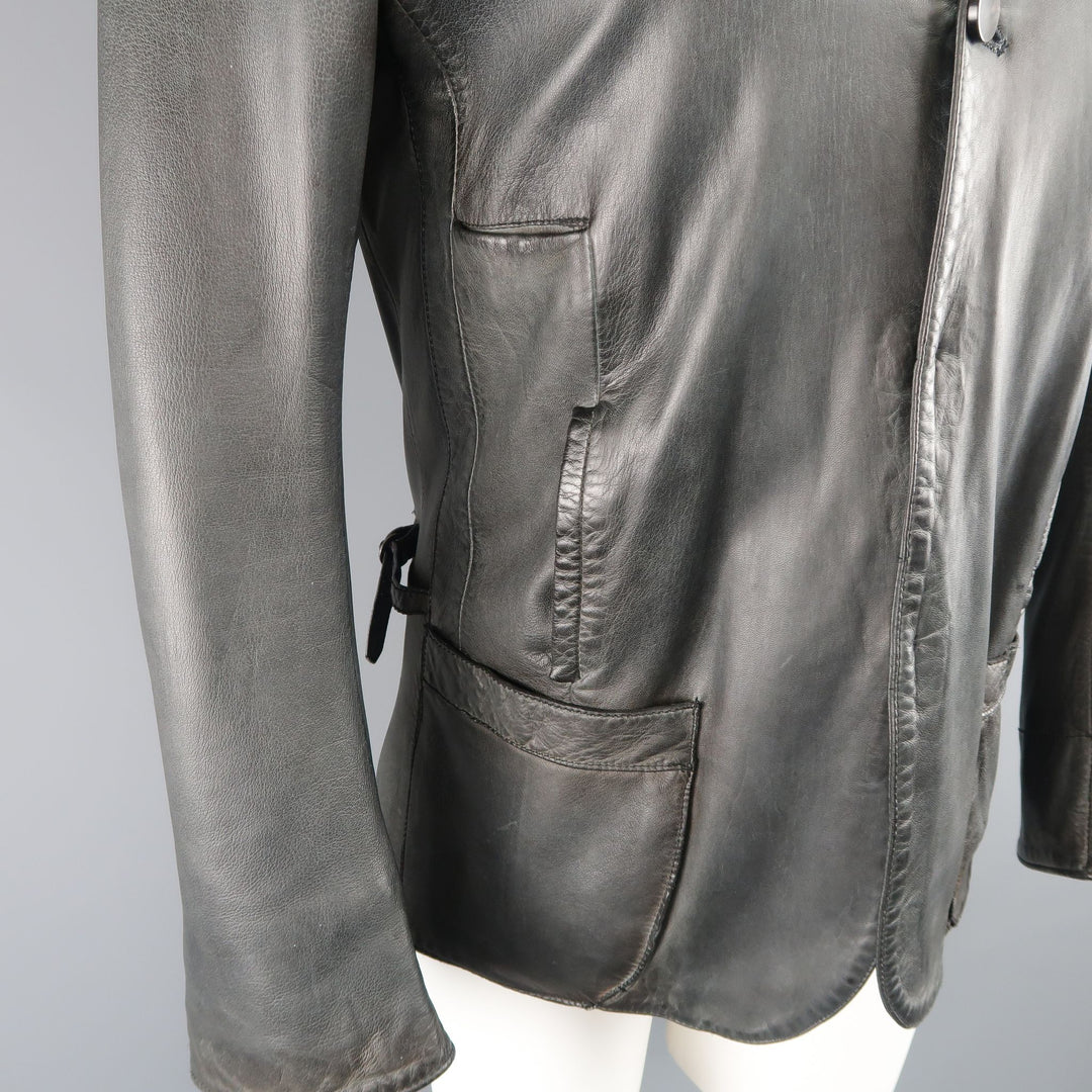 UN SOLO MONDO L Charcoal Distressed Leather Peak Lapel Jacket