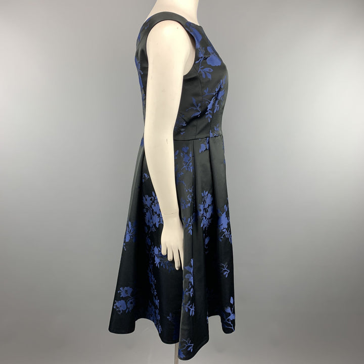 OSCAR DE LA RENTA Size 12 Black & Blue Floral Satin Sleeveless Cocktail Dress