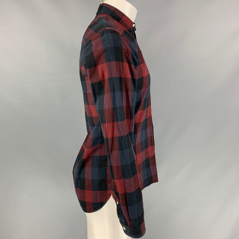 OLIVER SPENCER Size M Burgundy &  Navy Checkered Cotton Long Sleeve Shirt