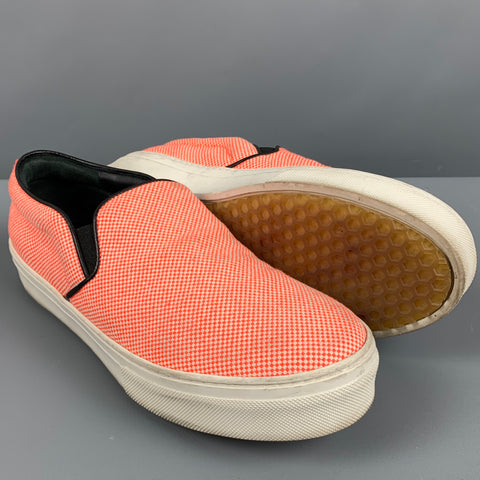 CELINE Size 8.5 Orange White Fabric Nailhead Slip On Sneakers