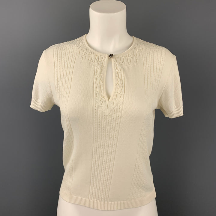 CHANEL Size 8 White Knitted Textured Cotton Blouse
