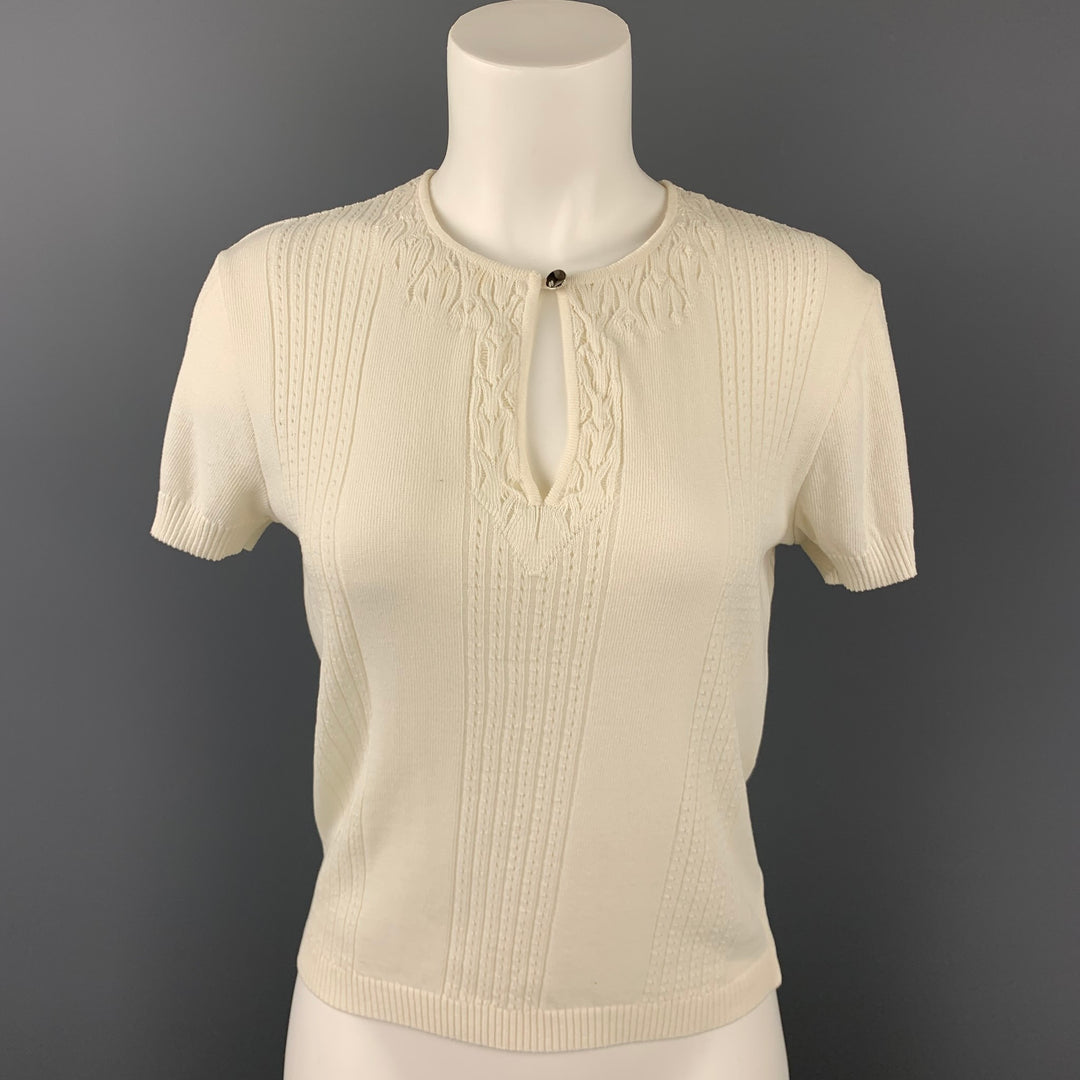 CHANEL Talla 8 Blusa de algodón texturizado de punto blanco