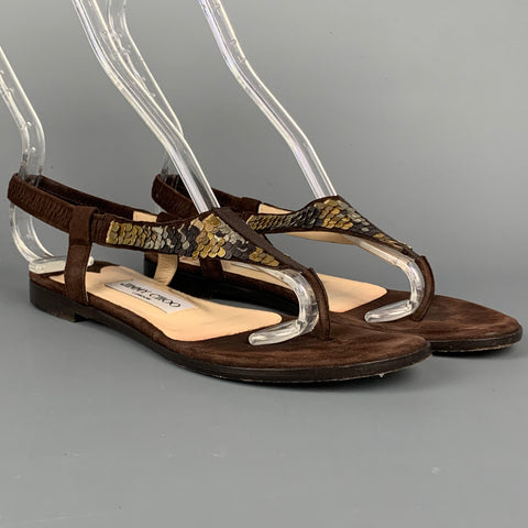 JIMMY CHOO Talla 6 Sandalias planas de ante con lentejuelas marrones y doradas