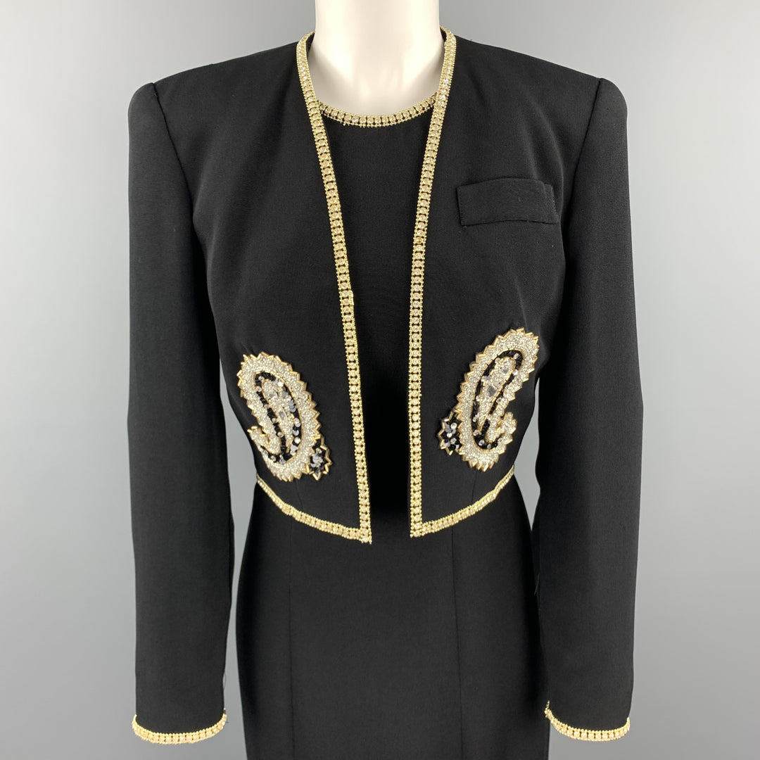 SAKS FIFTH AVENUE Size 6 Black Rhinestone Trim Gown & Cropped Jacket Ensemble