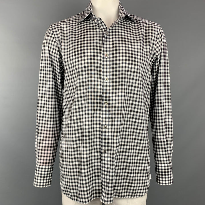 TOM FORD Size XL Black & White Checkered Cotton Button Up Long Sleeve Shirt